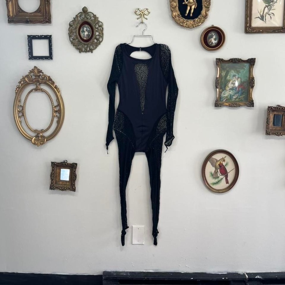 Vintage Y2K Black Lace Sheer Cutout Bodysuit One Size XS S